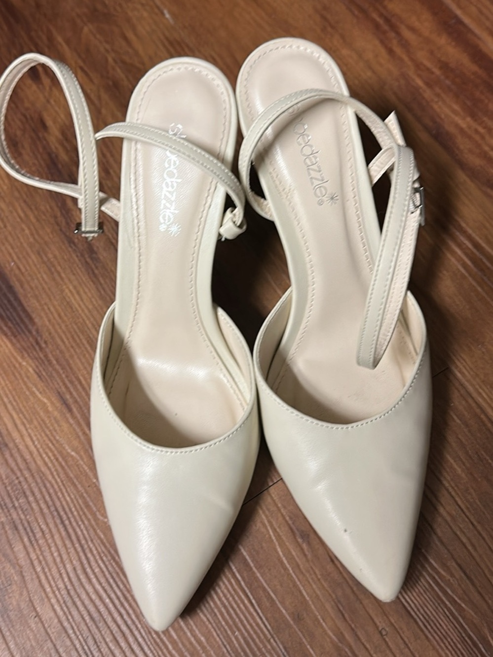 ShoeDazzle Off-White Ankle-Strap Pointed-Toe Stiletto Heels - Size 8.5
